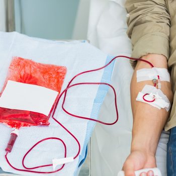 Close up on a donor blood bag in hospital ward