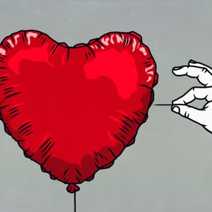 hand with pin ready to pop red heart balloon illustration